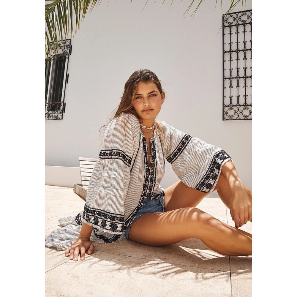 Free People Meadow Maxi Top Boho Beach Eclectic Nautical Peasant Size L $228